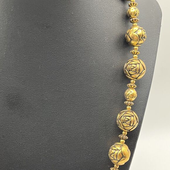 Vintage 1940s Gold Tone Textured Rose Bud Ball Bead Necklace 21" Floral MCM - Picture 4 of 6